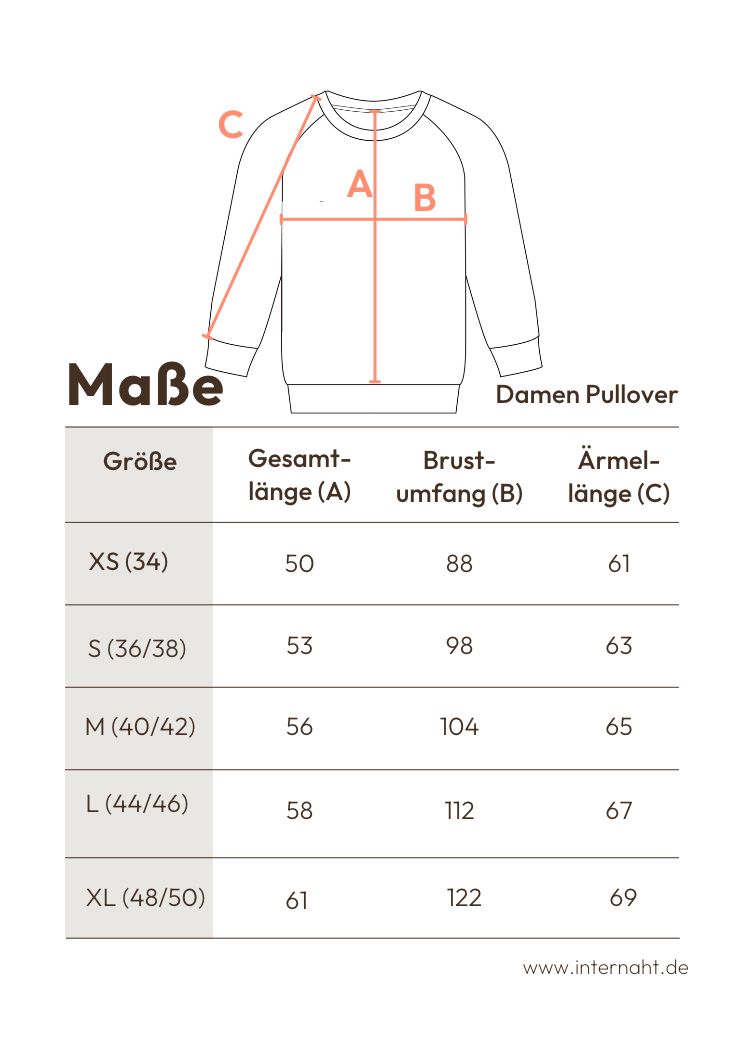 Detaillierte Maßangaben für Damen Nicki Pullover aus 100% Biobaumwolle von internaht