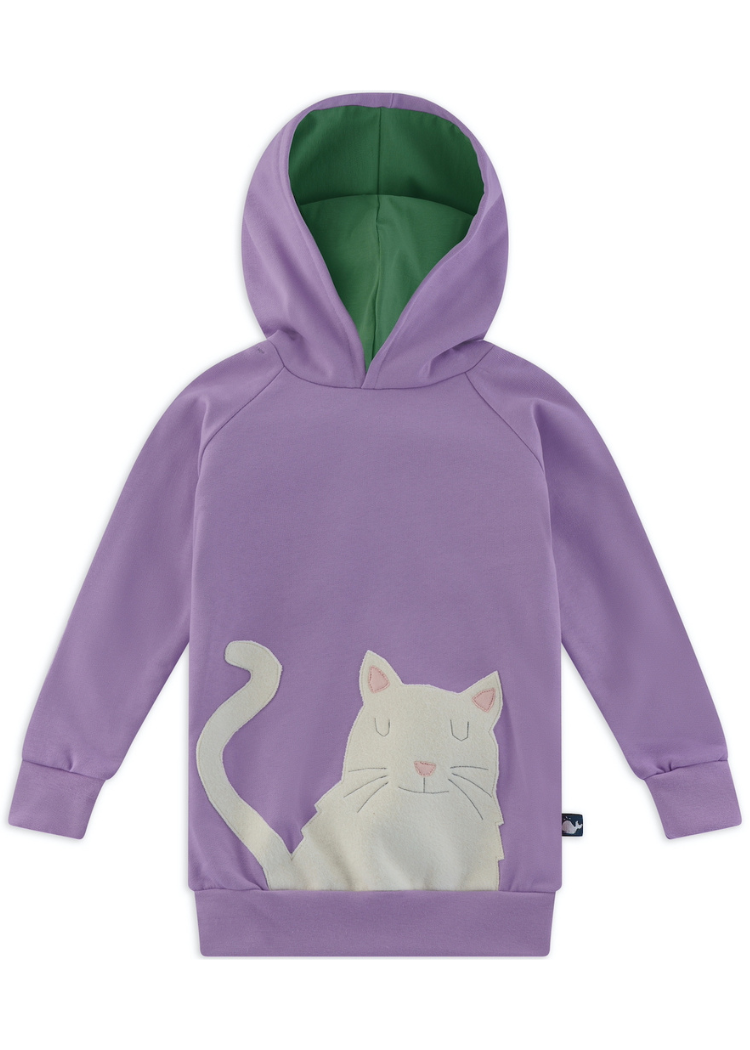 Lila Kapuzen Pullover mit Katze für Kinder aus 100% Biobaumwolle von internaht