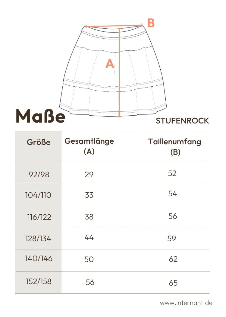 Stufenrock Mädchen aus Bio Baumwolle von internaht - detaillierte Maßtabelle zum Stufenrock