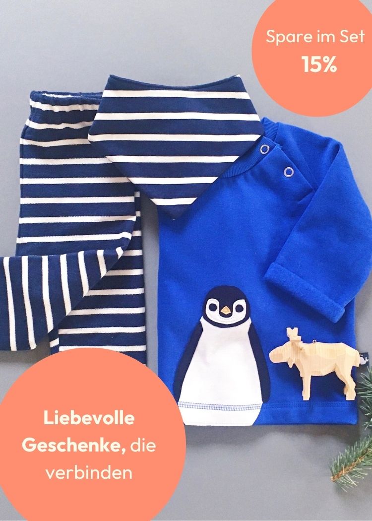 3-teiliges Baby Geschenk-Set "Pinguin" aus 100% Biobaumwolle von internaht mit 15% Rabatt