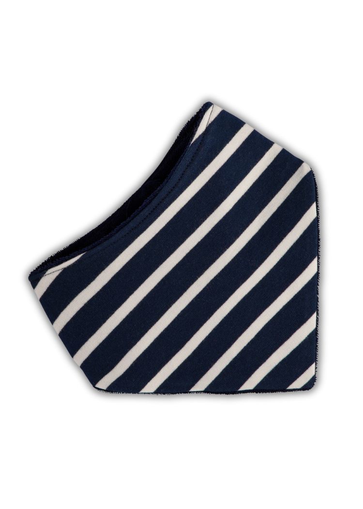 Baby Halstuch gestreift - Vorderseite Navy-Ecru, Rückseite weicher Bio-Sweat in Dunkelblau aus zertifizierter Bio-Baumwolle. Mitwachsend, doppellagig und saugfähig – ideal für jedes Baby Outfit! Jetzt im Set erhältlich.