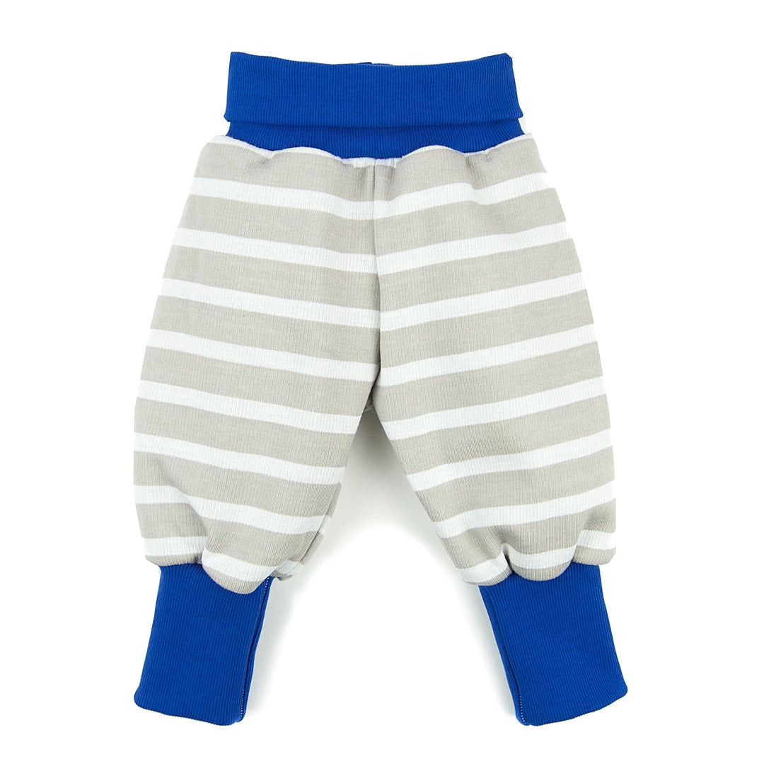 Baby-Hose beige weiß gestreift mit royalblauen Bündchen aus 100% Bio-Baumwolle