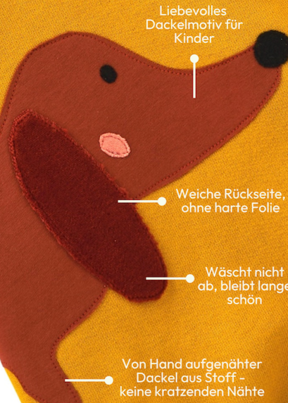 Baby Pullover aus 100% Bio Baumwolle mit Dackel-Motiv von internaht Nahaufnahme der Dackel-Applikation