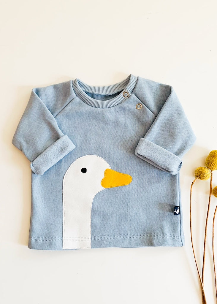 Baby Pullover aus 100% Bio Baumwolle mit Gans in Himmelblau von internaht aus Dresden