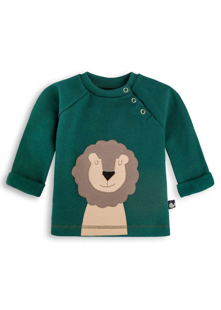 Baby Pullover aus 100% Bio Baumwolle mit Löwen-Motiv in Dunkelgrün von internaht