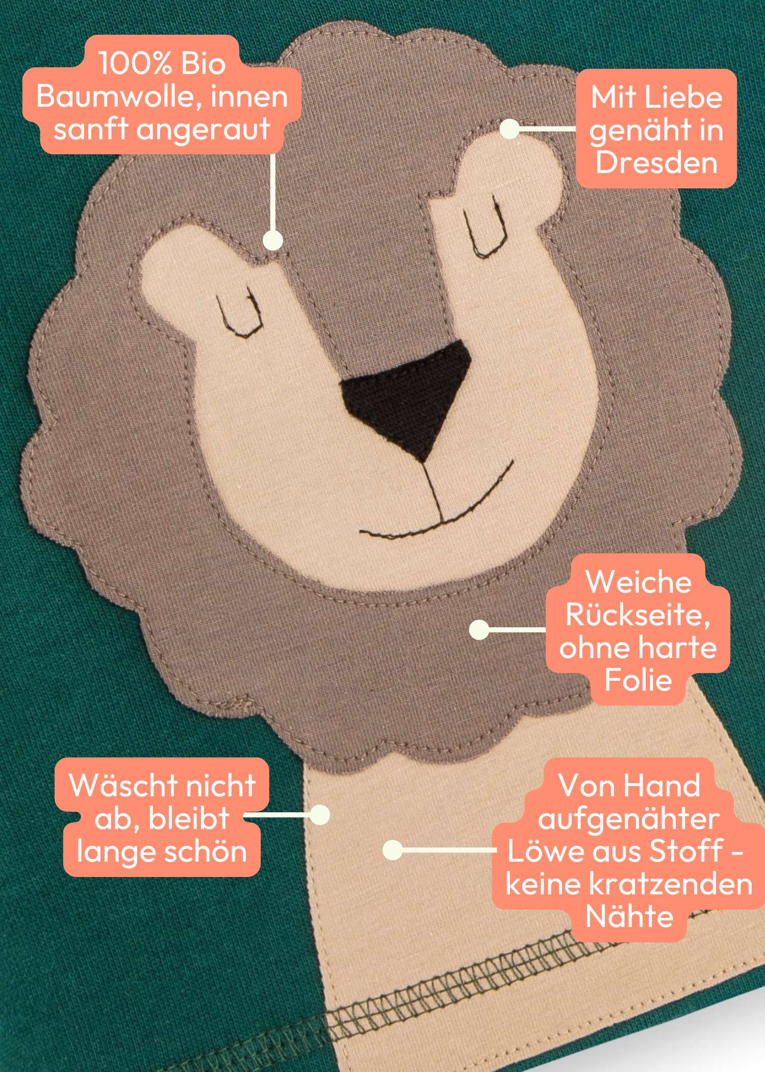 Baby Pullover aus 100% Bio Baumwolle mit Löwen-Motiv von internaht -Nahaufnahme zum Baby Pulllover mit liebevoller Löwen-Applikation