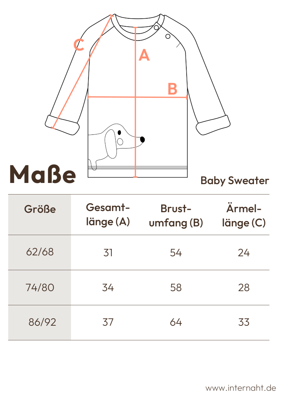 Baby Pullover aus Bio Baumwolle von internaht - detaillierte Masstabelle für Baby Pulllover