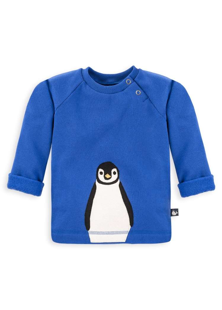 Baby Pullover mit aufgenähten Pinguin-Motiv in Royalblau aus 100% Bio Baumwolle mit Sorgfalt genäht von internaht in Dresden