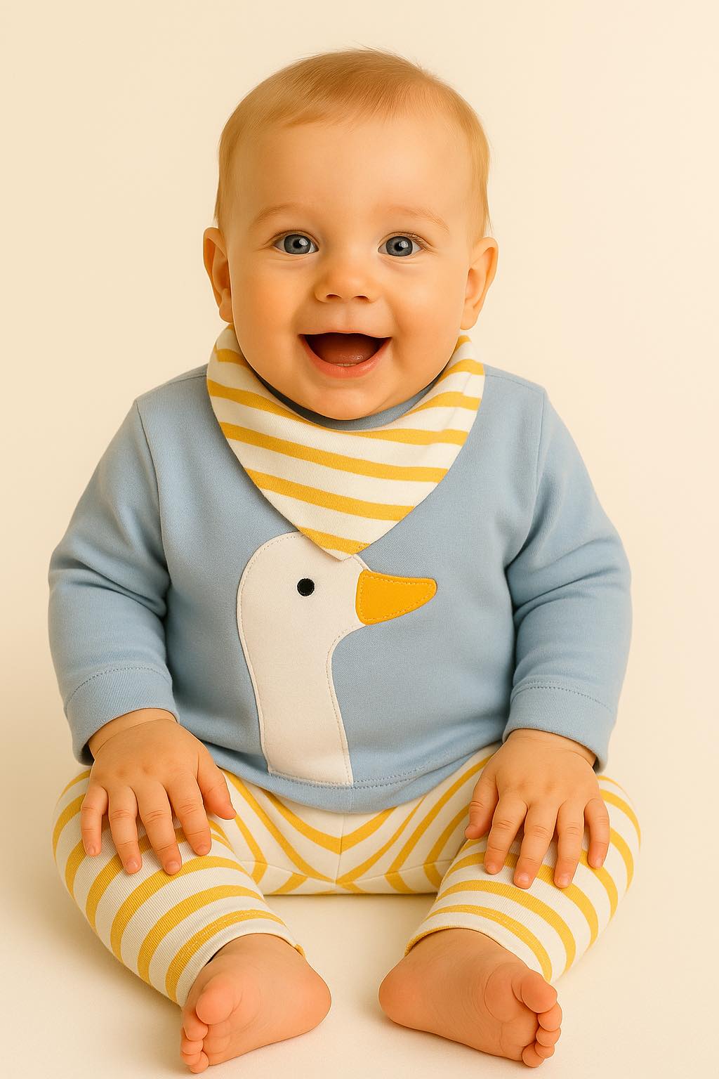 Baby im Baby-Set Gans - bestehend aus Baby Pullover mit Gans-Motiv in himmelblau, Baby Halstuch und Baby Hose gestreift in Ecru-Senfgelb - alles aus Bio-Baumwolle und in Deutschland genäht von internaht