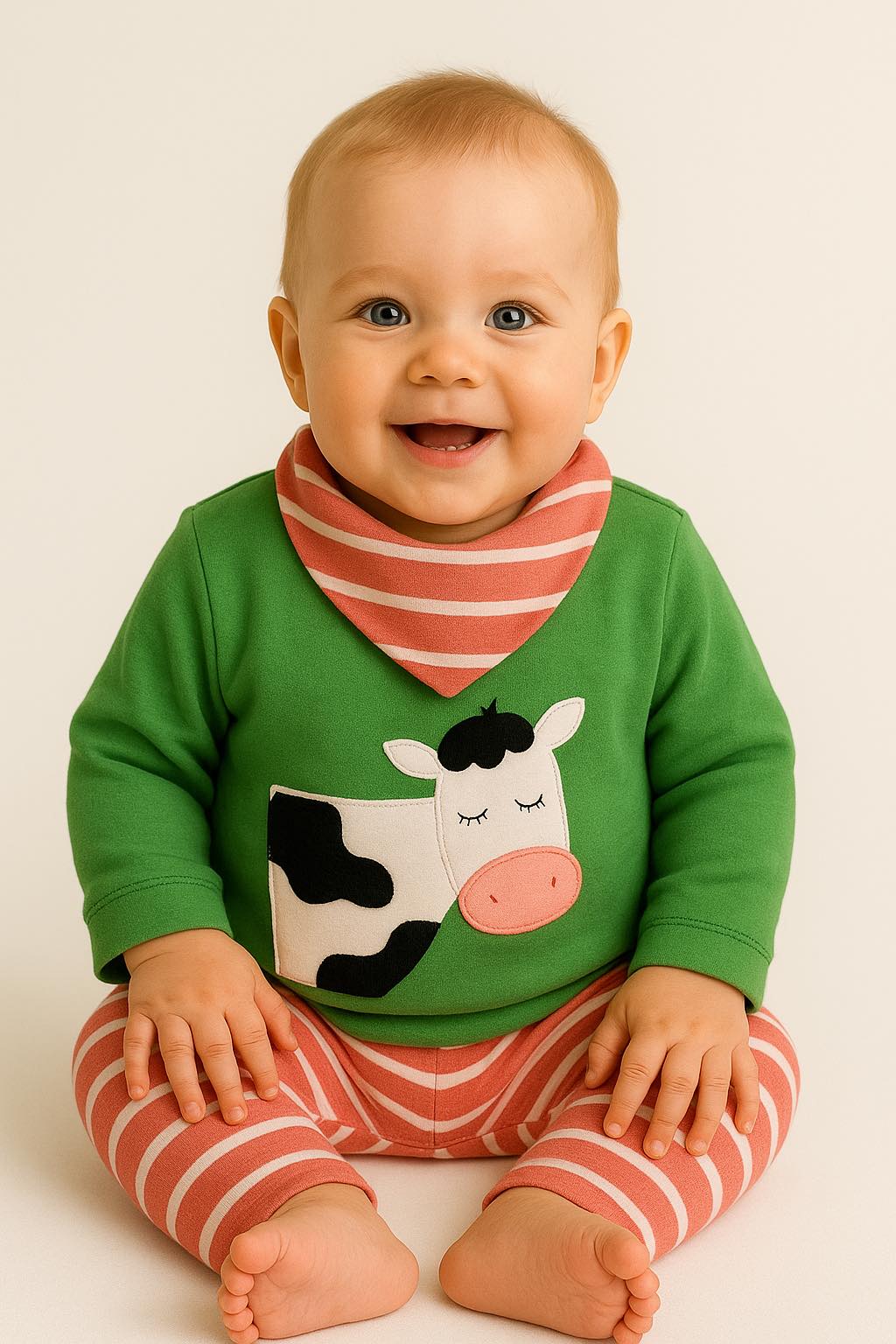 handmade baby gifts - Baby Set mit Kuh bestehend aus Baby Pullover Kuh aus 100% Bio Baumwollegestreifter Baby Hose und Baby Halstuch in Rosenholz-Ecru von internaht