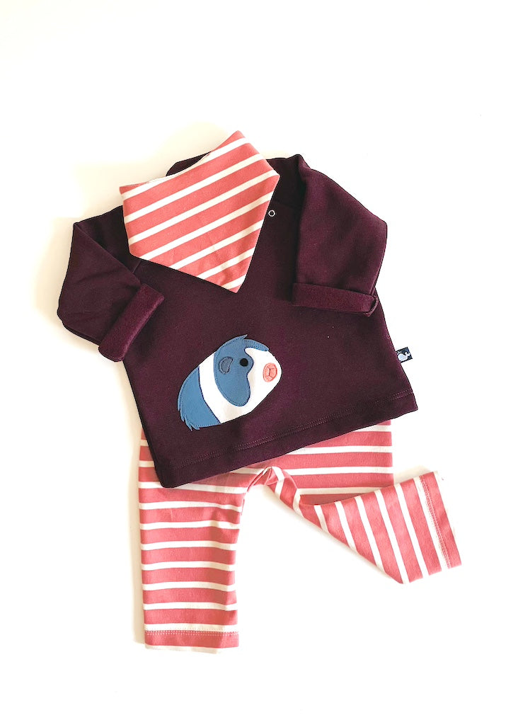 Baby Set mit Meerschweinchen-Pullover aus 100% Bio Baumwolle - dreiteiliges Baby-Set mit gestreifter Baby Hose und passenden Baby Halstuch in Rosenholz-Ecru von internaht aus Dresden