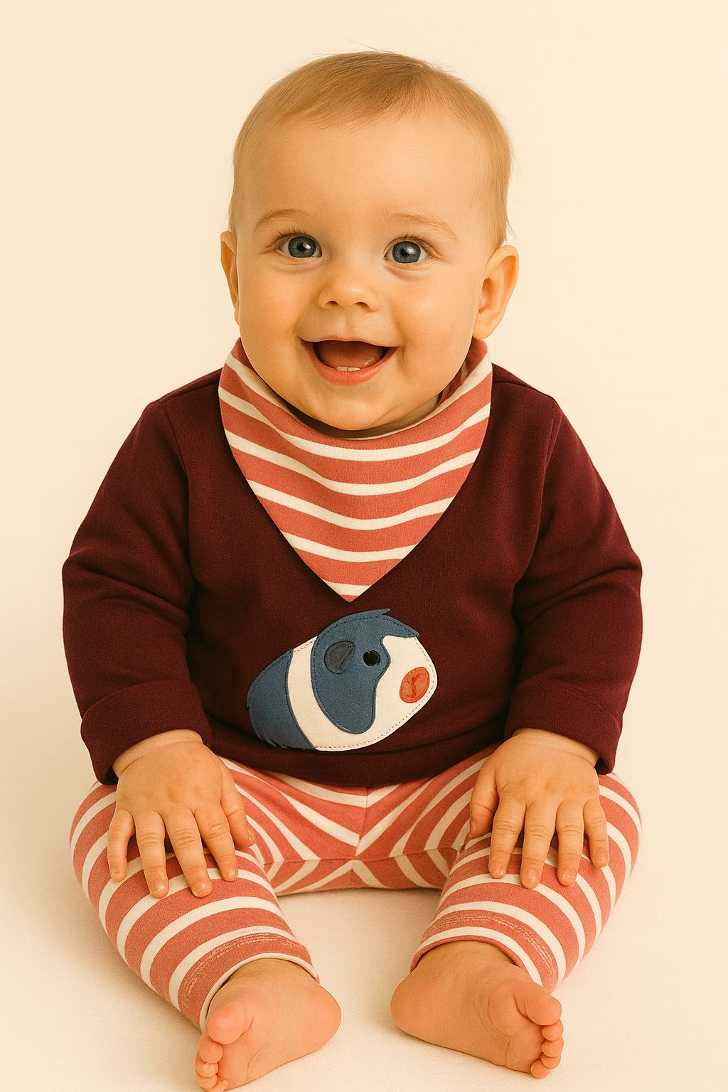 Fröhlich lächelndes Baby im Baby Set mit Meerschweinchen-Pullover aus 100% Bio Baumwolle, gestreifter Baby Hose und passenden Baby Halstuch in Rosenholz-Ecru von internaht aus Dresden