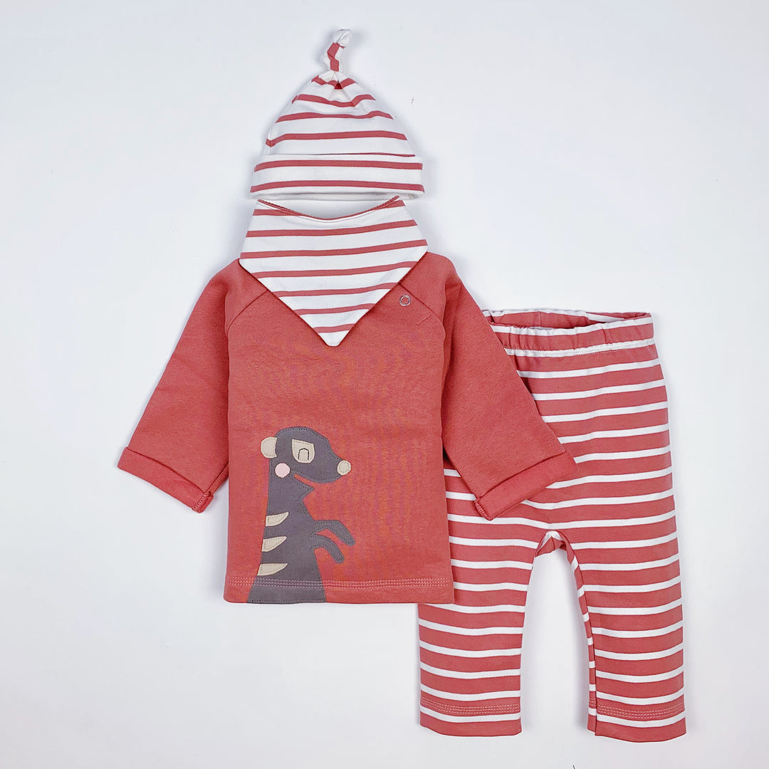  Baby Set aus Sweater Erdmännchen, gestreifter Babyhose und Halstuch auch Biobaumwolle in Rosenholz von internaht