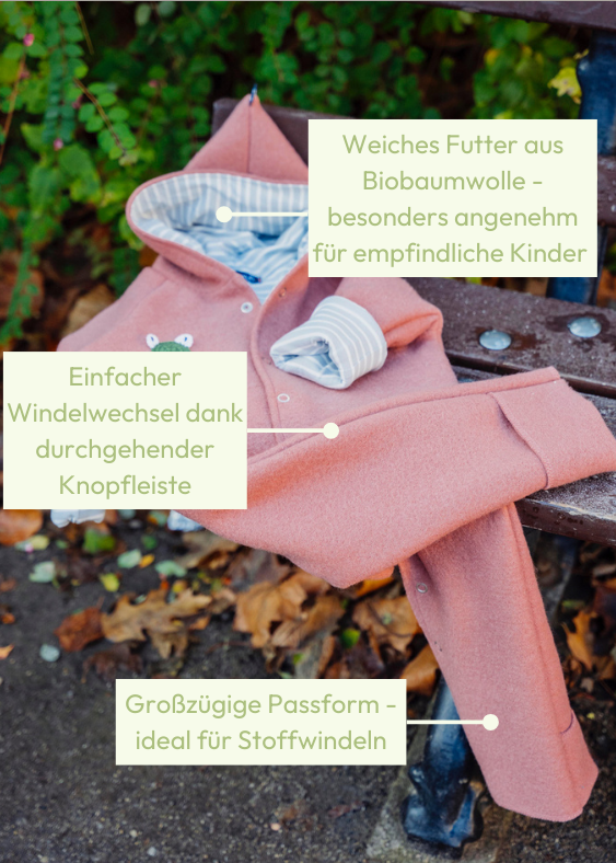 Übersicht der Vorteile des Baby Winteroveralls in Roseholz von internaht