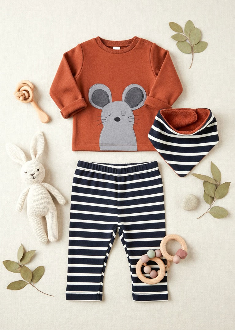 Geschenke zur Geburt - Baby Geschenk mit Baby Pullover Maus, Baby Hose und Halstuch - fair genäht in Dresden von internaht