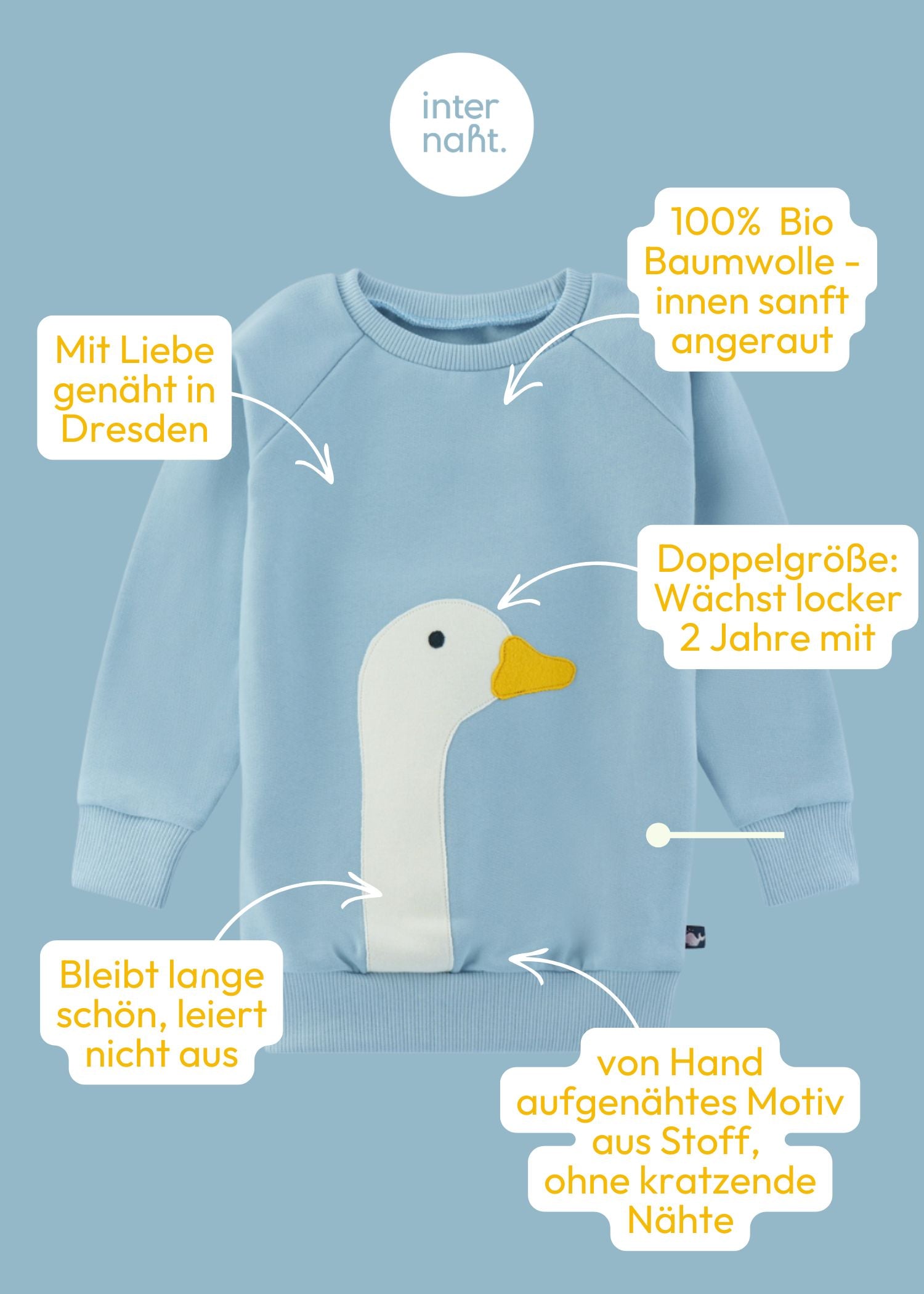 Himmelblauer Kinder Pulli mit Gans aus 100% Bio Baumwolle von internaht - Vorteile auf einen Blick