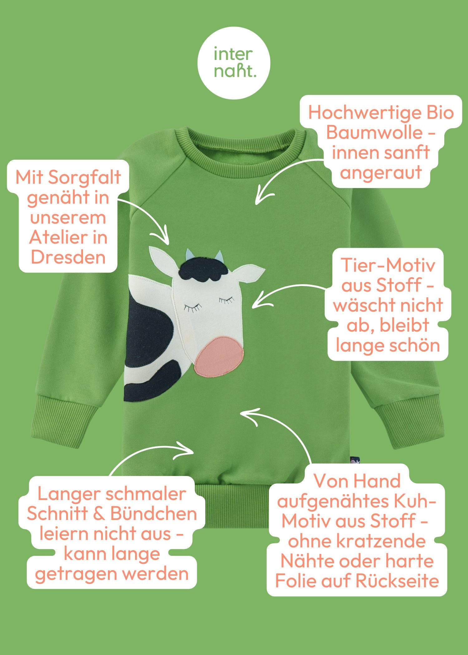 Grüner Kinder Pullover mit Kuh aus 100% Bio Baumwolle von internaht - die Vorteile auf einen Blick