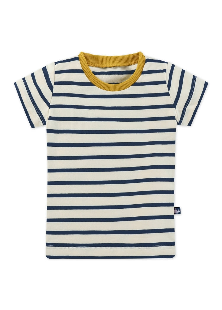 Kinder T-Shirt Bio Baumwolle Ecru-Navy mit Senfgelb-Bündchen – handgenäht von internaht in Dresden