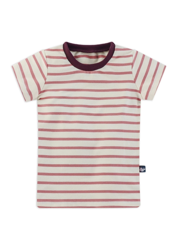 Kinder T-Shirt Bio Baumwolle Ecru-Rosenholz mit Bordeaux-Bündchen – handgenäht von internaht in Dresden