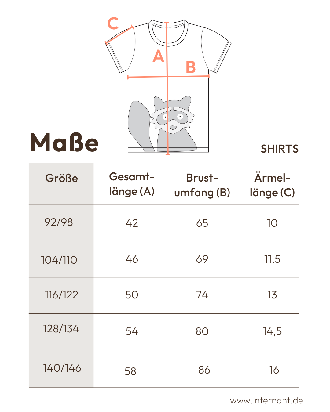 Tabelle mit den Maßangaben zum Kinder T Shirt Bio Baumwolle von internaht