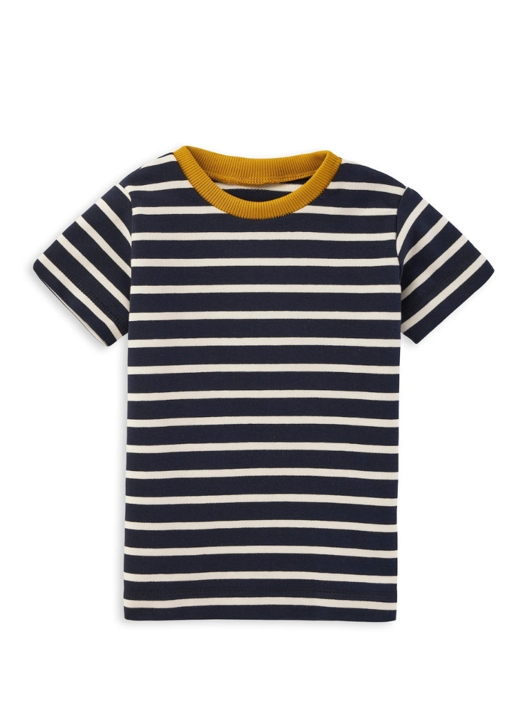 Kinder T-Shirt Bio Baumwolle Navy-Ecru mit Senfgelb-Bündchen – handgenäht von internaht in Dresden