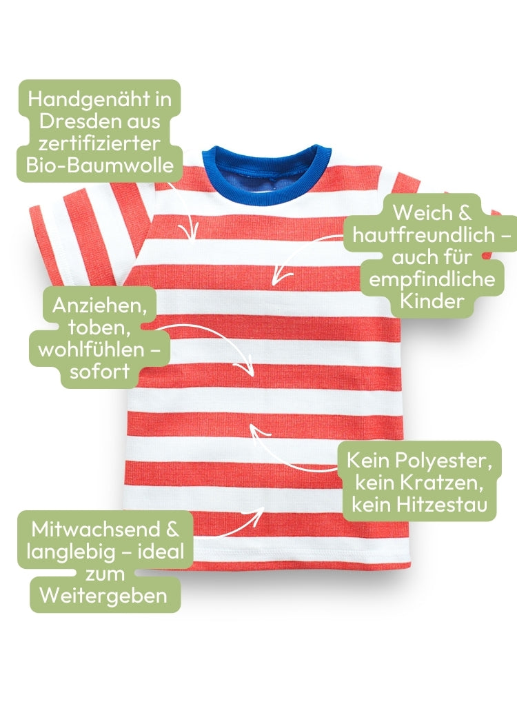 Kinder T-Shirt Bio Baumwolle Rot-Weiß Doubleface – gestreiftes Shirt von internaht aus Dresden