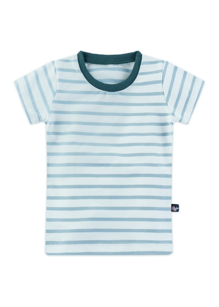 Kinder T-Shirt Bio Baumwolle Weiß-Hellblau mit Petrol-Bündchen – handgenäht von internaht in Dresden