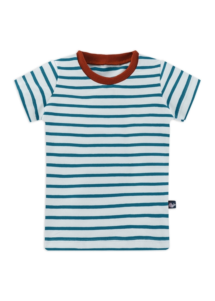 Kinder T-Shirt Bio Baumwolle Weiß-Petrol mit Rost-Bündchen – handgenäht von internaht in Dresden