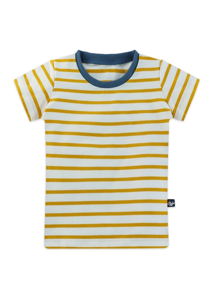 Kinder T-Shirt Bio Baumwolle Weiß-Senfgelb mit blauem Bündchen – handgenäht von internaht in Dresden