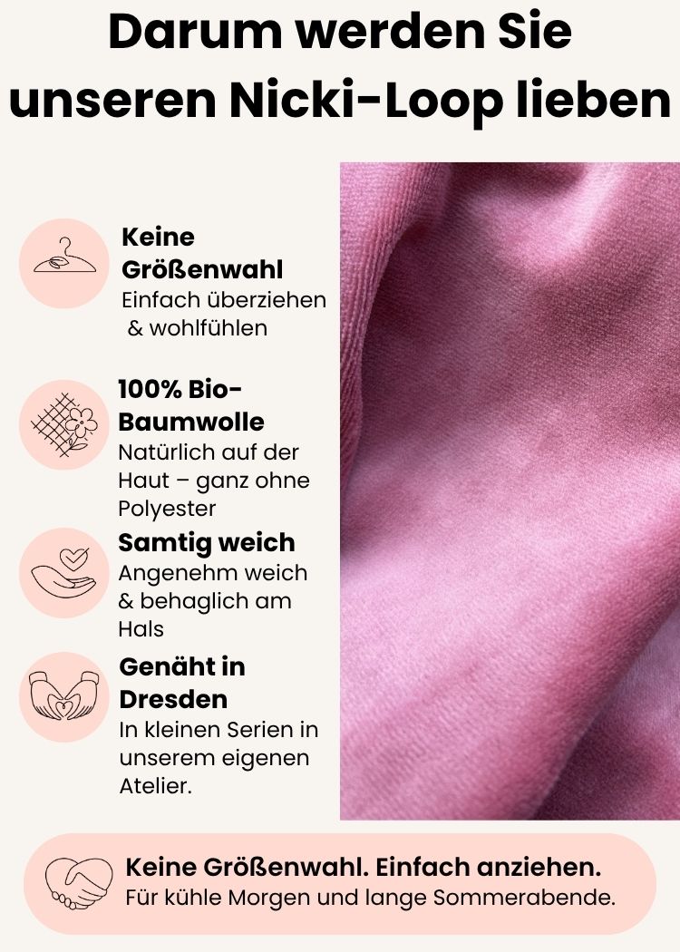 Vorteile des Nicki-Loops aus Bio-Baumwolle in Rose – größenfrei und weiché