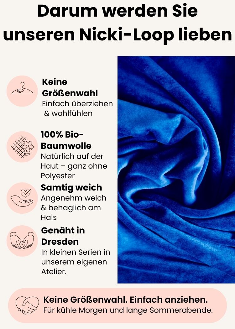Vorteile des Nicki-Loops aus Bio-Baumwolle in Royalblau – größenfrei und weich