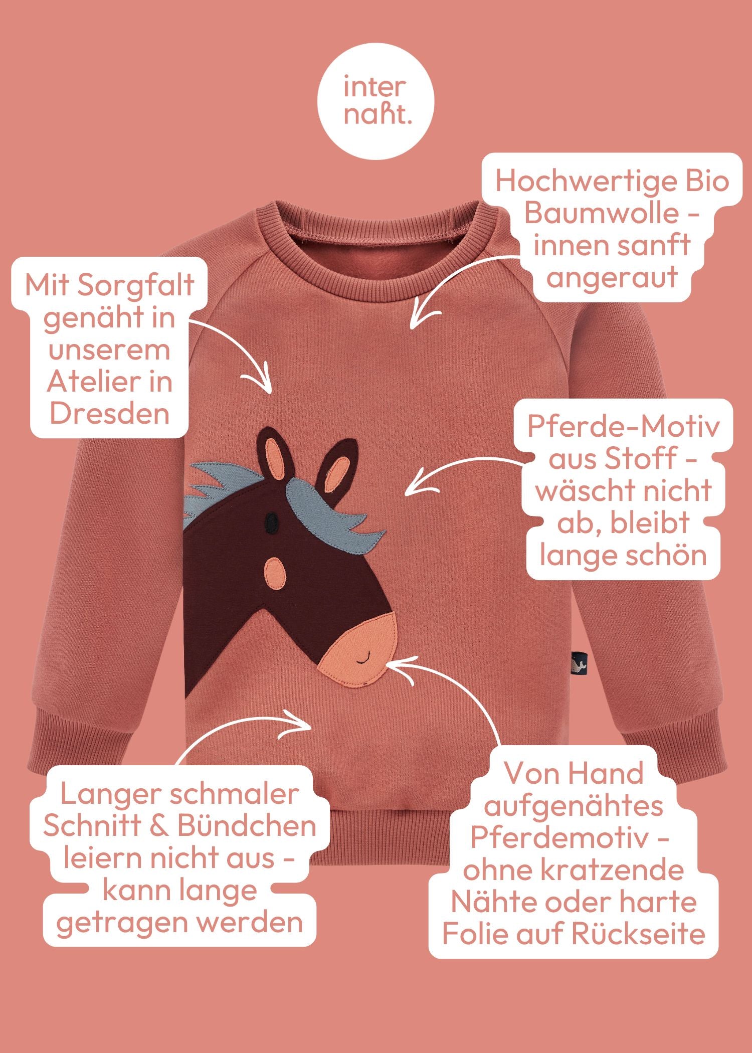 Die Vorteile des Pferde Pullover für Mädchen in Rosenholz aus 100% Bio Baumwolle von internaht