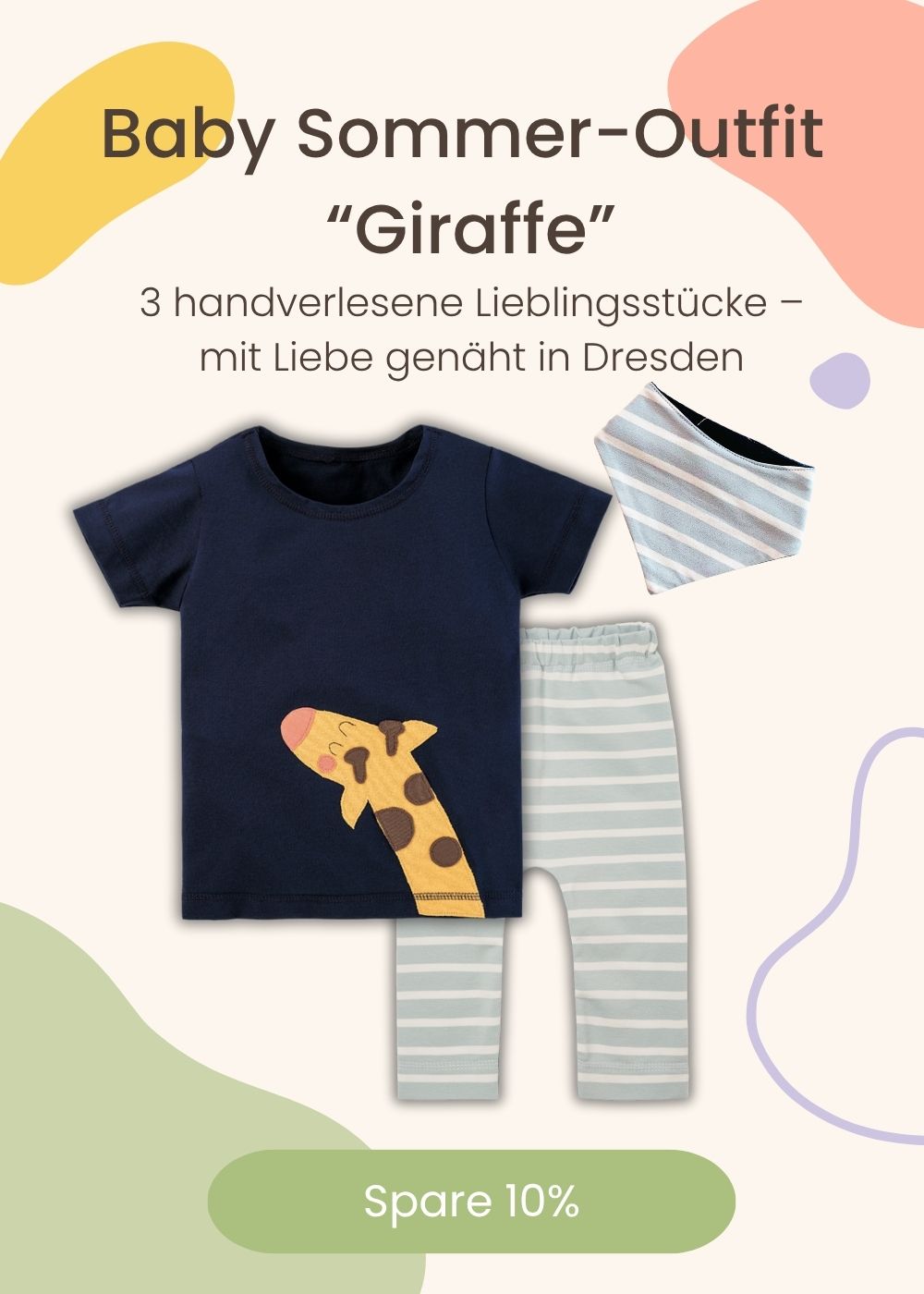 Baby Outfit für den Sommer - 3 teiliges Set. Bestehend aus dunkelblauen T-Shirt mit Giraffen-Motiv, hellblau-weiß gestreifter Baby Hose und passenden Halstuch. Präsentiert in einem Video - Spare im Set 10%
