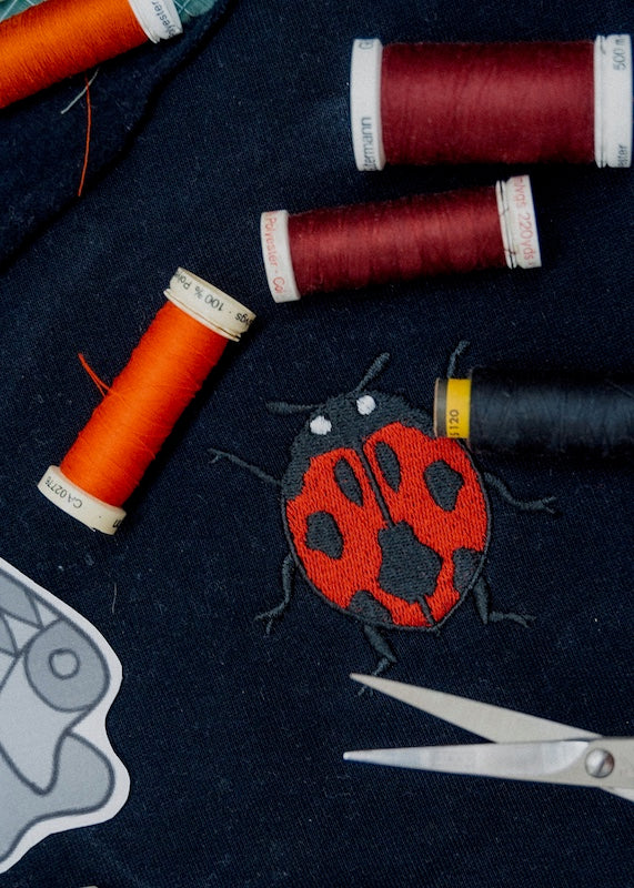 Damenpullover Schwarz 100 % Baumwolle ohne Polyester mit kleiner Marienkäfer-Stickerei, nachhaltig hergestellt und besonders weich