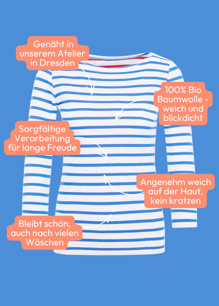 Ringelshirt blau-weiss Damen in zeitlosem Streifenmuster aus hochwertiger Bio-Baumwolle