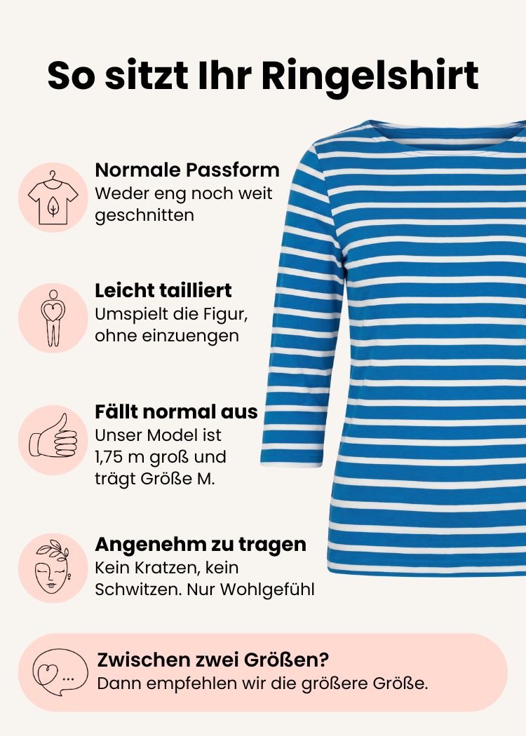 Ringelshirt Damen 3/4-Arm aus Bio-Baumwolle petrol-weiß mit normaler Passform – Grafik zu Schnitt, Passform und Größenempfehlung.