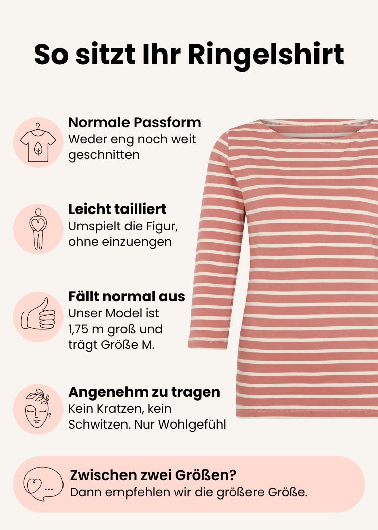 Ringelshirt Damen Dreiviertel-Arm aus Bio-Baumwolle Rosenholz-Ecru mit normaler Passform – Grafik zu Schnitt, Passform und Größenempfehlung.