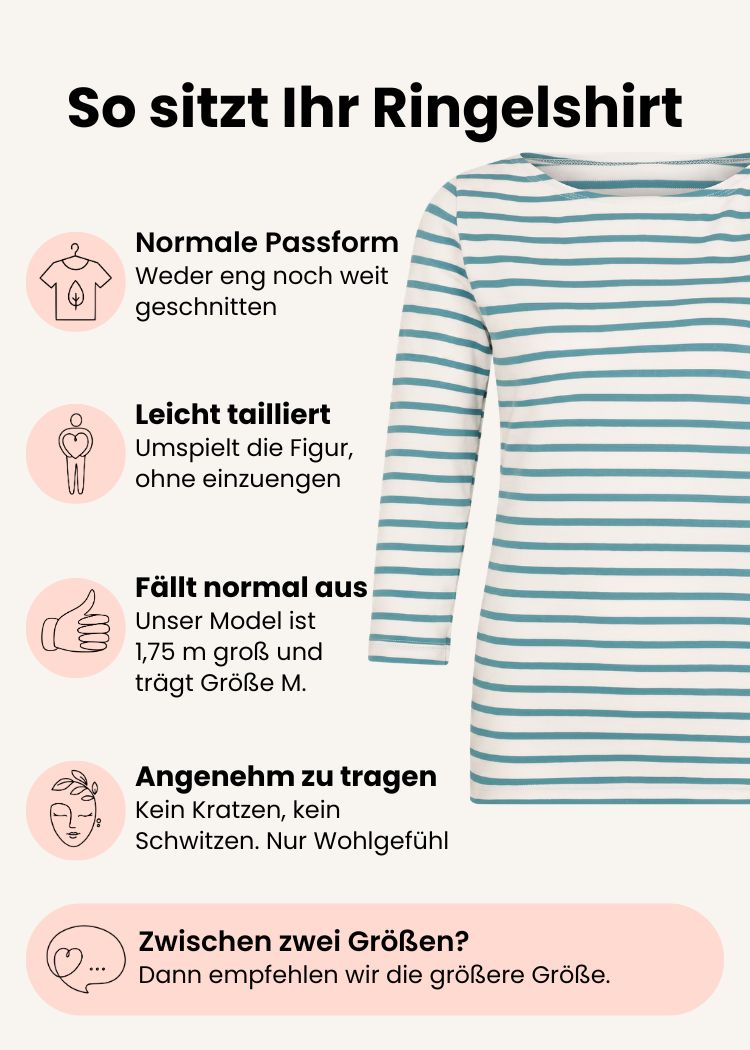 Ringelshirt Damen Dreiviertel-Arm aus Bio-Baumwolle weiß-petrol mit normaler Passform – Grafik zu Schnitt, Passform und Größenempfehlung.