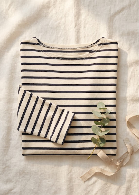 Ringelshirt Damen 3/4-Arm in zeitlosem Streifenmuster ecru-navy aus hochwertiger Bio-Baumwolle
