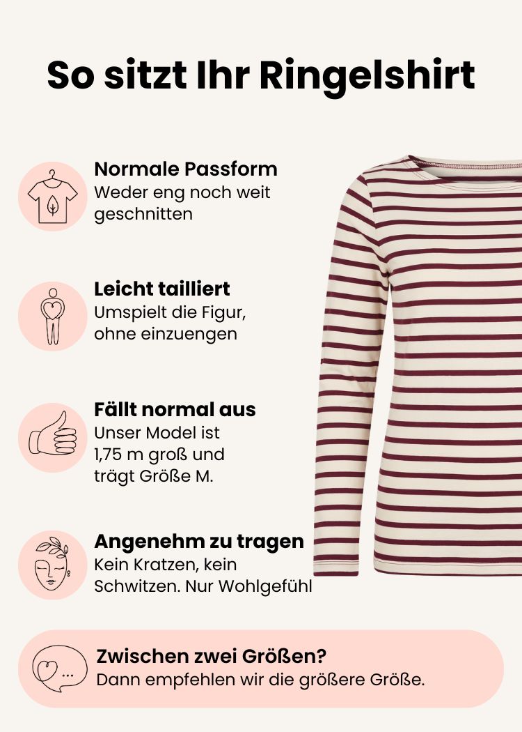 Ringelshirt Damen aus Bio-Baumwolle ecru-bordeaux mit normaler Passform – Grafik zu Schnitt, Passform und Größenempfehlung.