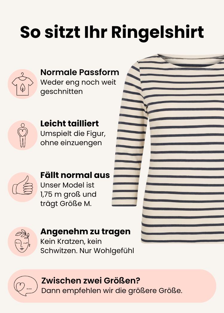 Ringelshirt Damen 3/4-Arm aus Bio-Baumwolle ecru-navy mit normaler Passform – Grafik zu Schnitt, Passform und Größenempfehlung.