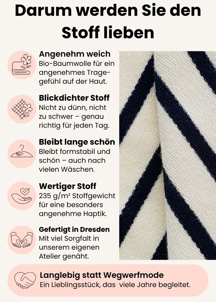 Ringelshirt Damen aus Bio-Baumwolle – Detailansicht des hochwertigen Stoffes mit Streifen in Ecru-Navy mit Informationen zu Tragekomfort, Formstabilität und Verarbeitung.