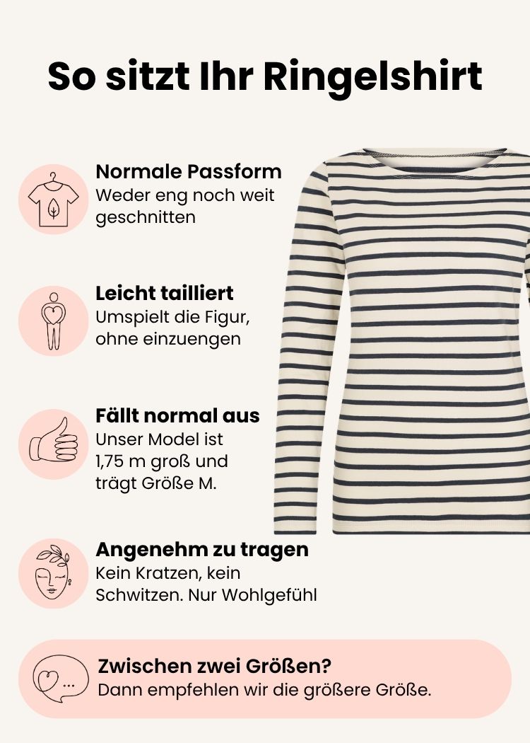 Ringelshirt Damen aus Bio-Baumwolle ecru-navy mit normaler Passform – Grafik zu Schnitt, Passform und Größenempfehlung.