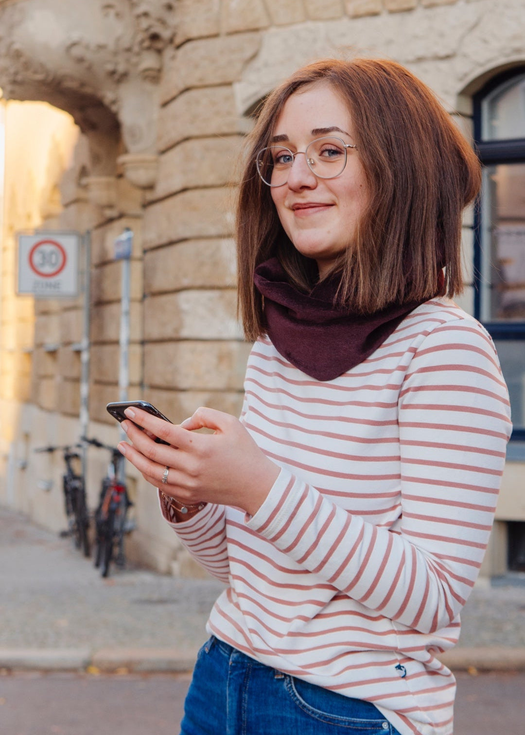 Ringelshirt Damen aus Bio-Baumwolle, Ecru-Rossenholz gestreift, fair genäht im Dresdner Atelier