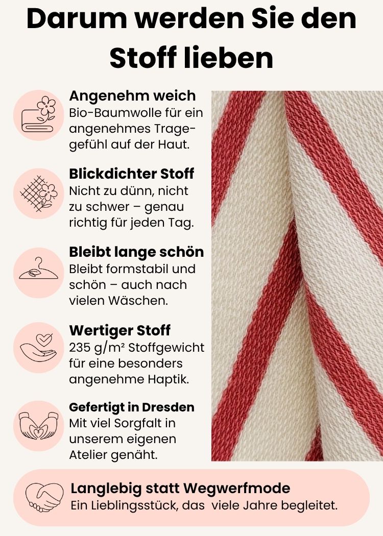 Ringelshirt Damen aus Bio-Baumwolle – Detailansicht des hochwertigen Stoffes mit Streifen in ecru-rosenolz mit Informationen zu Tragekomfort, Formstabilität und Verarbeitung.
