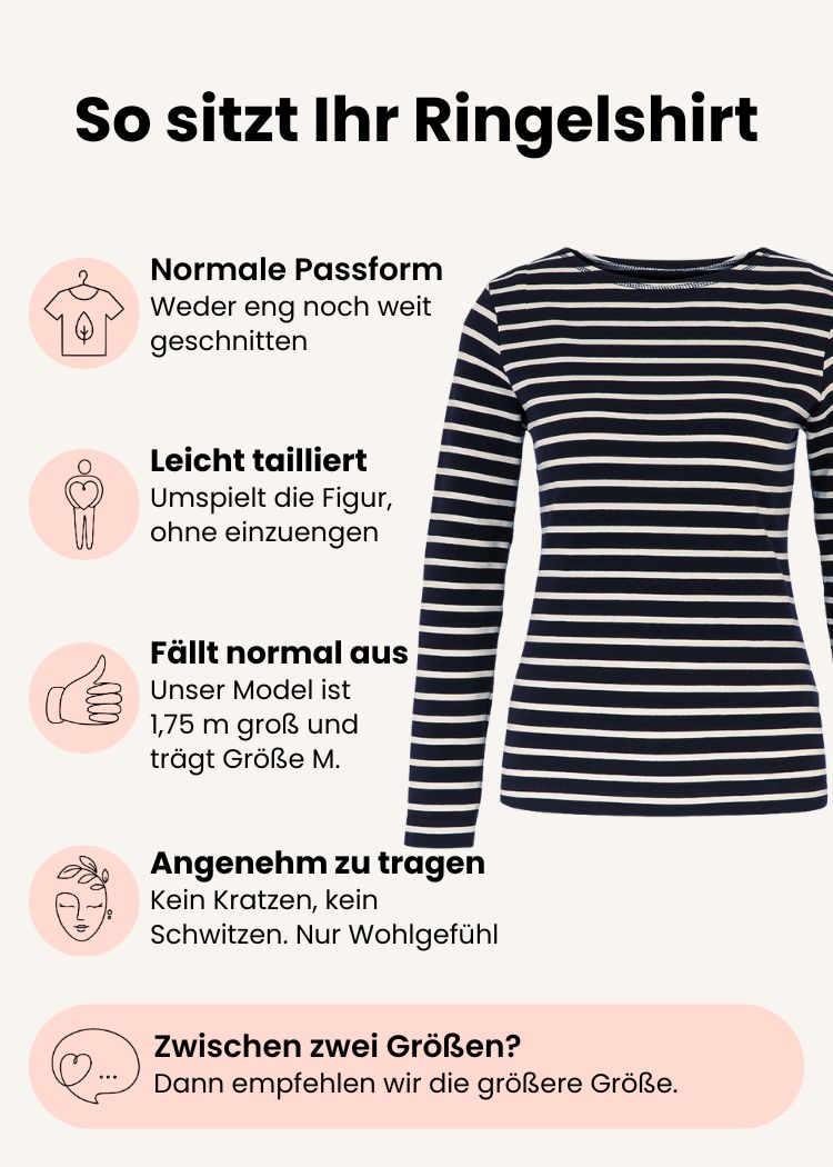 Ringelshirt Damen aus Bio-Baumwolle navy-ecru mit normaler Passform – Grafik zu Schnitt, Passform und Größenempfehlung.