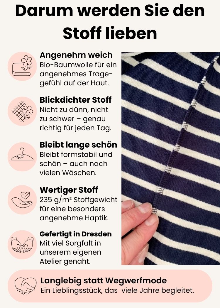 Ringelshirt Damen aus Bio-Baumwolle – Detailansicht des hochwertigen Stoffes mit Streifen in Navy-eEcru mit Informationen zu Tragekomfort, Formstabilität und Verarbeitung.