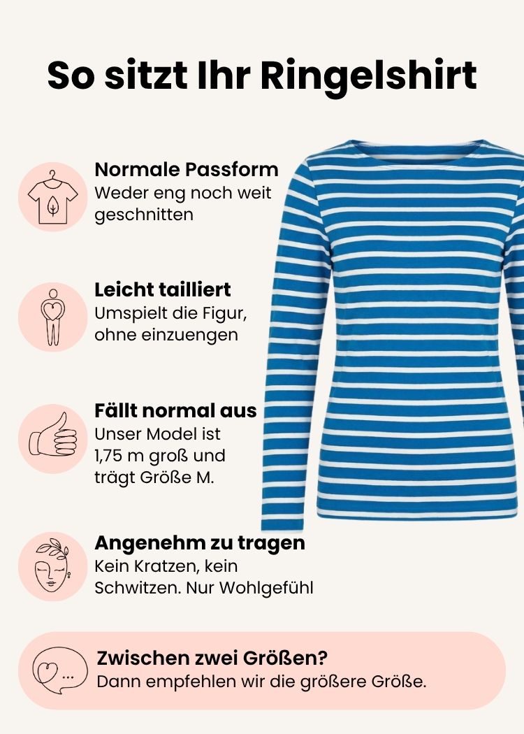Ringelshirt Damen aus Bio-Baumwolle petrol-weiß mit normaler Passform – Grafik zu Schnitt, Passform und Größenempfehlung.