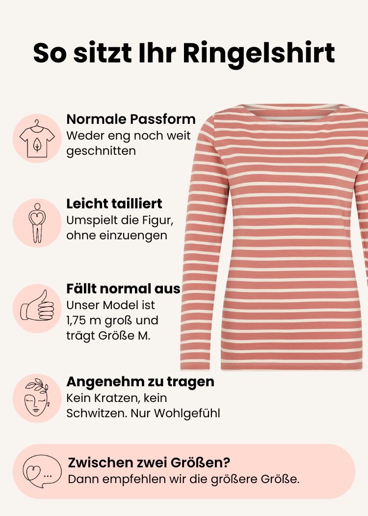 Ringelshirt Damen aus Bio-Baumwolle Rosenholz-Ecru mit normaler Passform – Grafik zu Schnitt, Passform und Größenempfehlung.
