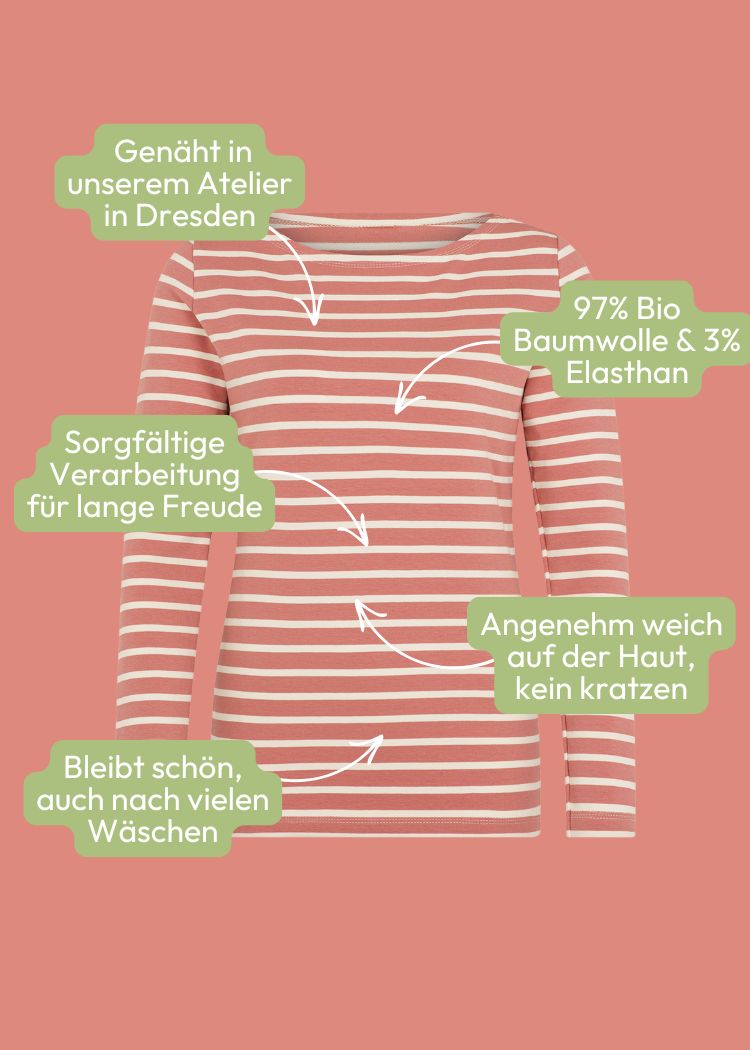 Damen Langarmshirt aus Bio-Baumwolle im klassischen Streifendesign rosenholz/ecru genäht in Deutschland von internaht